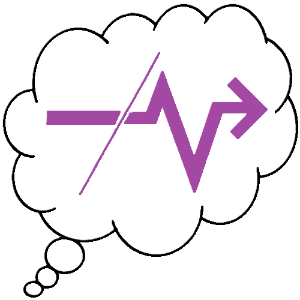 A large thought bubble, containing a purple arrow pointing to the right, which is interrupted by a thin line. After the interruption is a jagged up and down jerk to the horizontal line of the arrow.